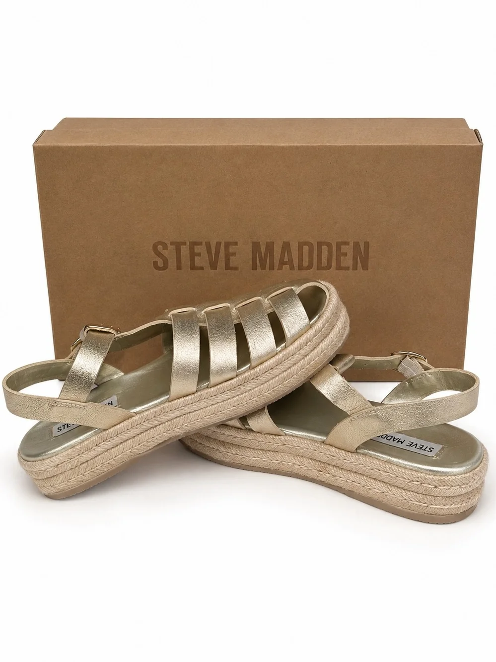 Steve Madden Marlin Gold Leather Platform Espadrille Fisherman Sandals Size 7